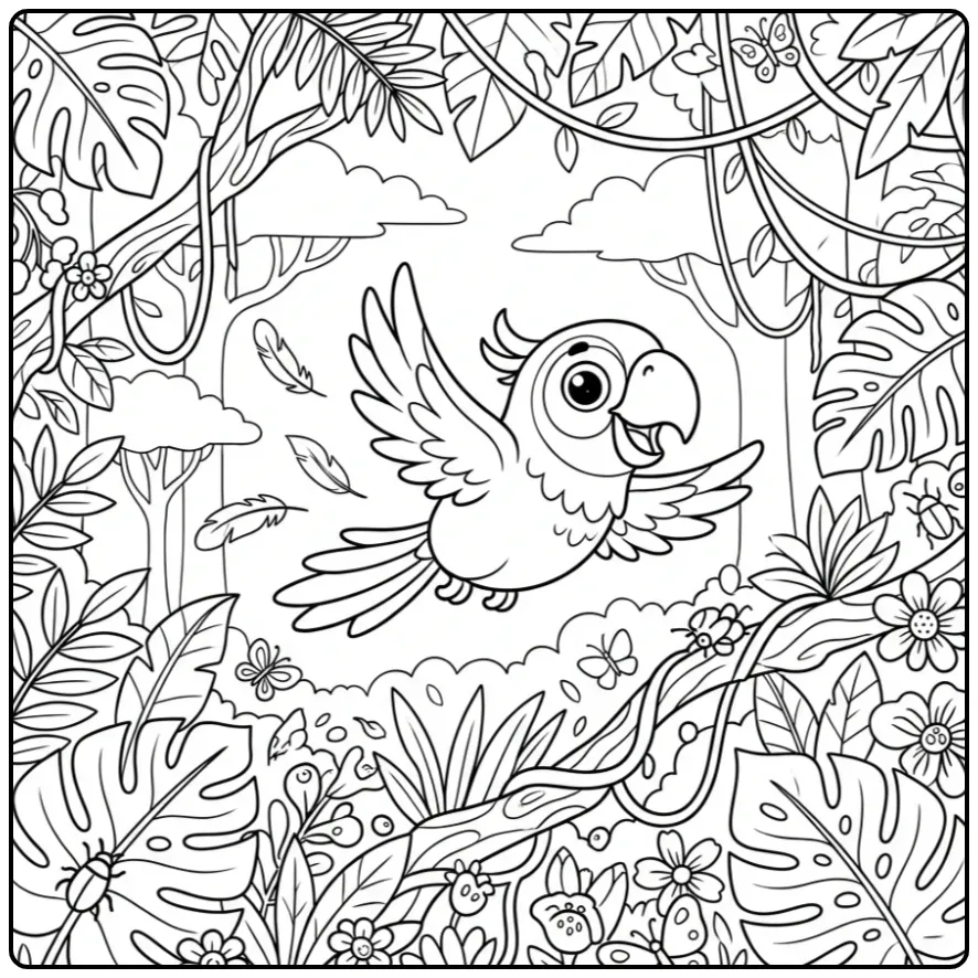 Gedetailleerde kleurplaat papegaai moeilijk met bladeren