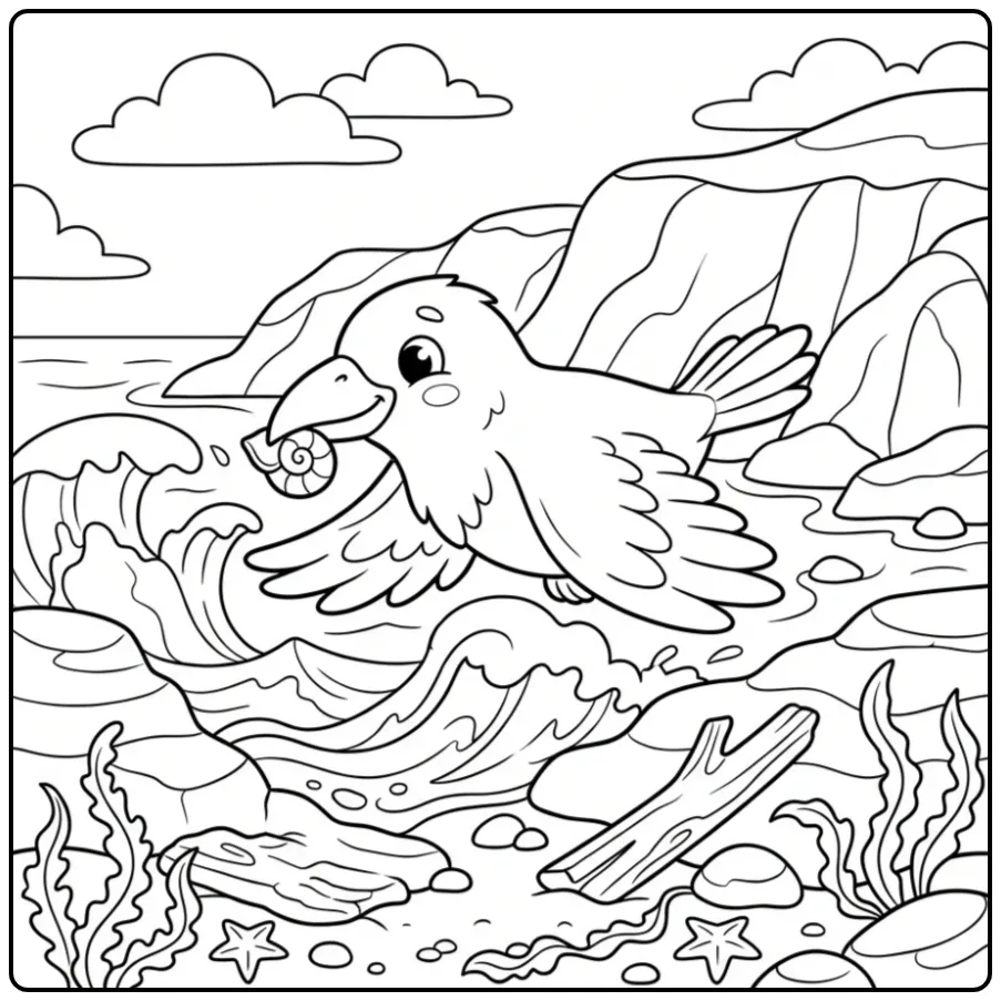 Schattige kleurplaat raaf vliegt met schelp boven de kust.