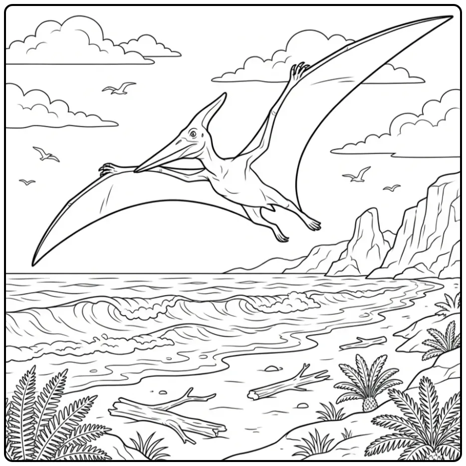 Pterodactylus kleurplaat zwevend boven zee en kliffen.