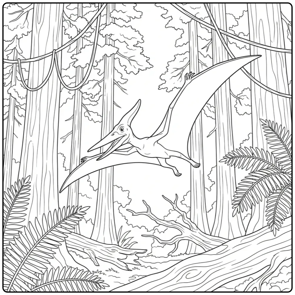 Gedetailleerde pterodactylus kleurplaat tussen varens.