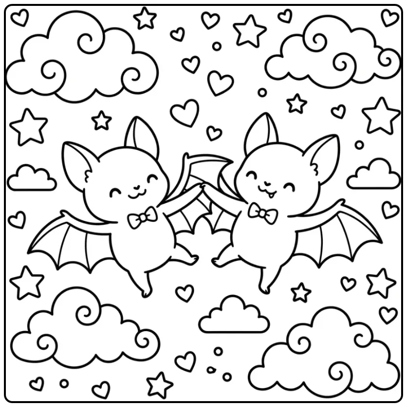 Dansende dieren in de lucht: kleurplaat vleermuis schattig.