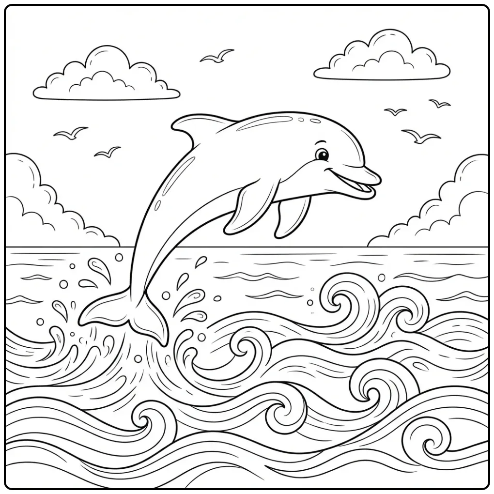 Leuke cartoon kleurplaat dolfijn springt boven golven