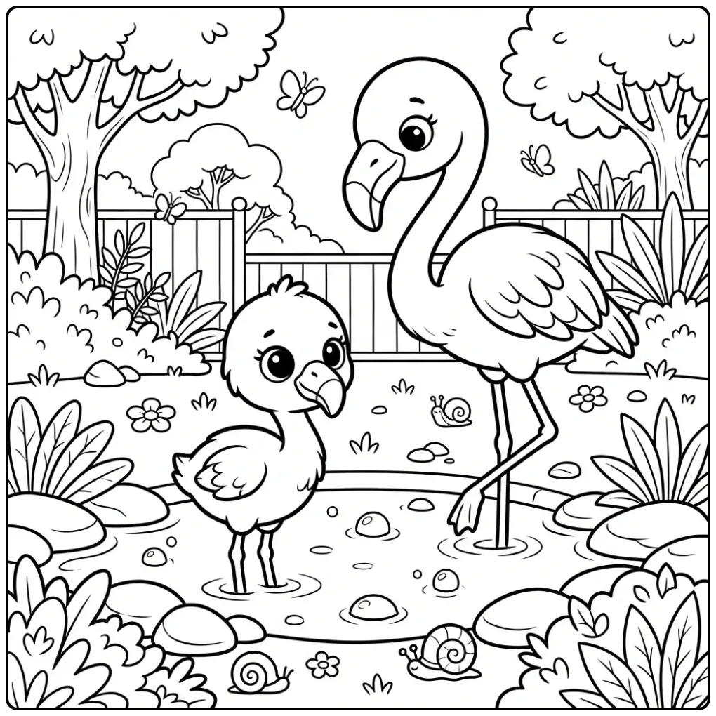 Schattige baby flamingo kleurplaat bij een ondiepe vijver.