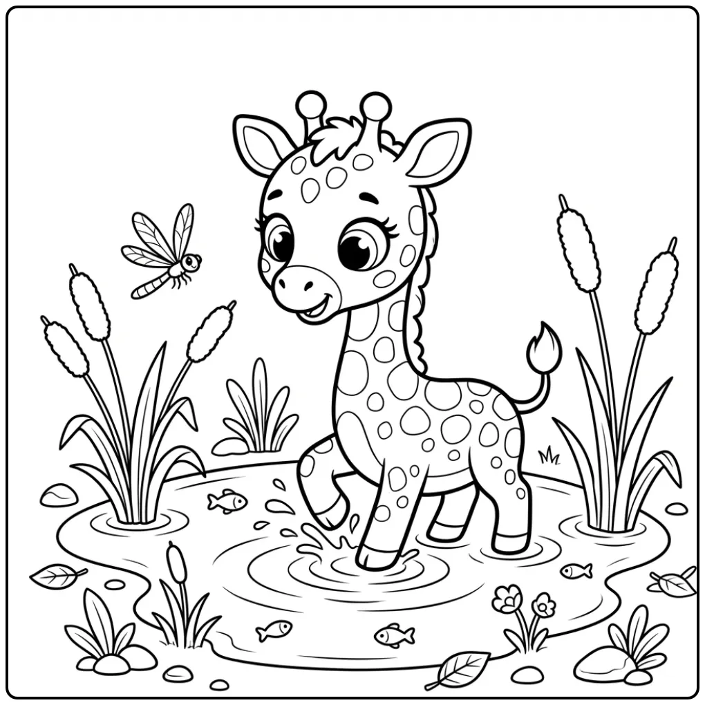 Schattige baby giraf kleurplaat spelend in een waterplas.