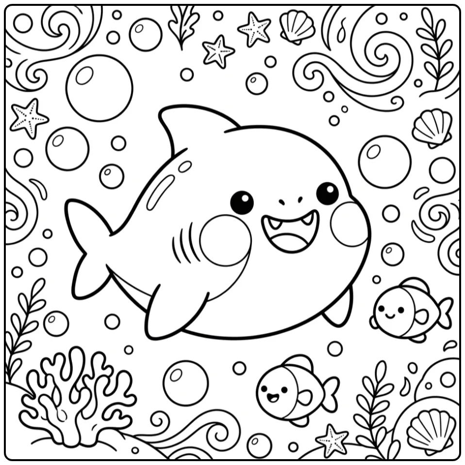 Schattige baby haai kleurplaat met bubbels en visvriendjes.