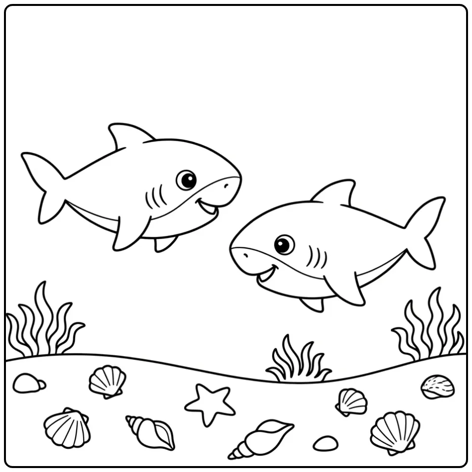 Leuke baby haai kleurplaat met twee zwemmende haaien.