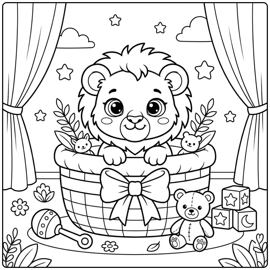 Schattige baby leeuw kleurplaat in een mandje met speelgoed.