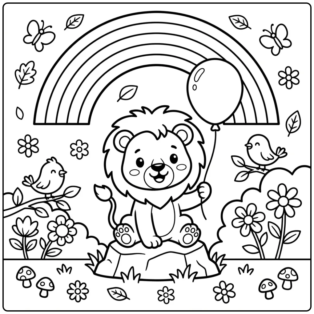 Baby leeuw kleurplaat met ballon onder een regenboog.