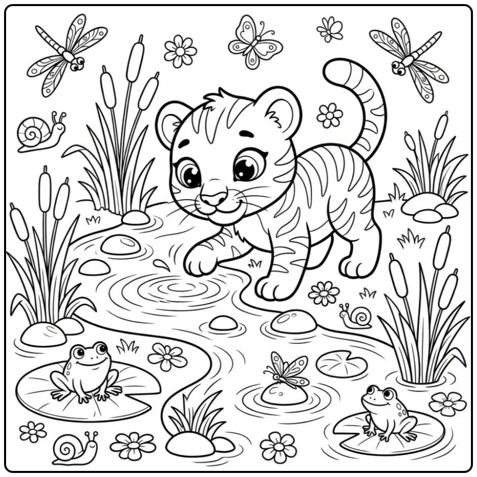 Schattige baby panter kleurplaat spelend bij een beekje.