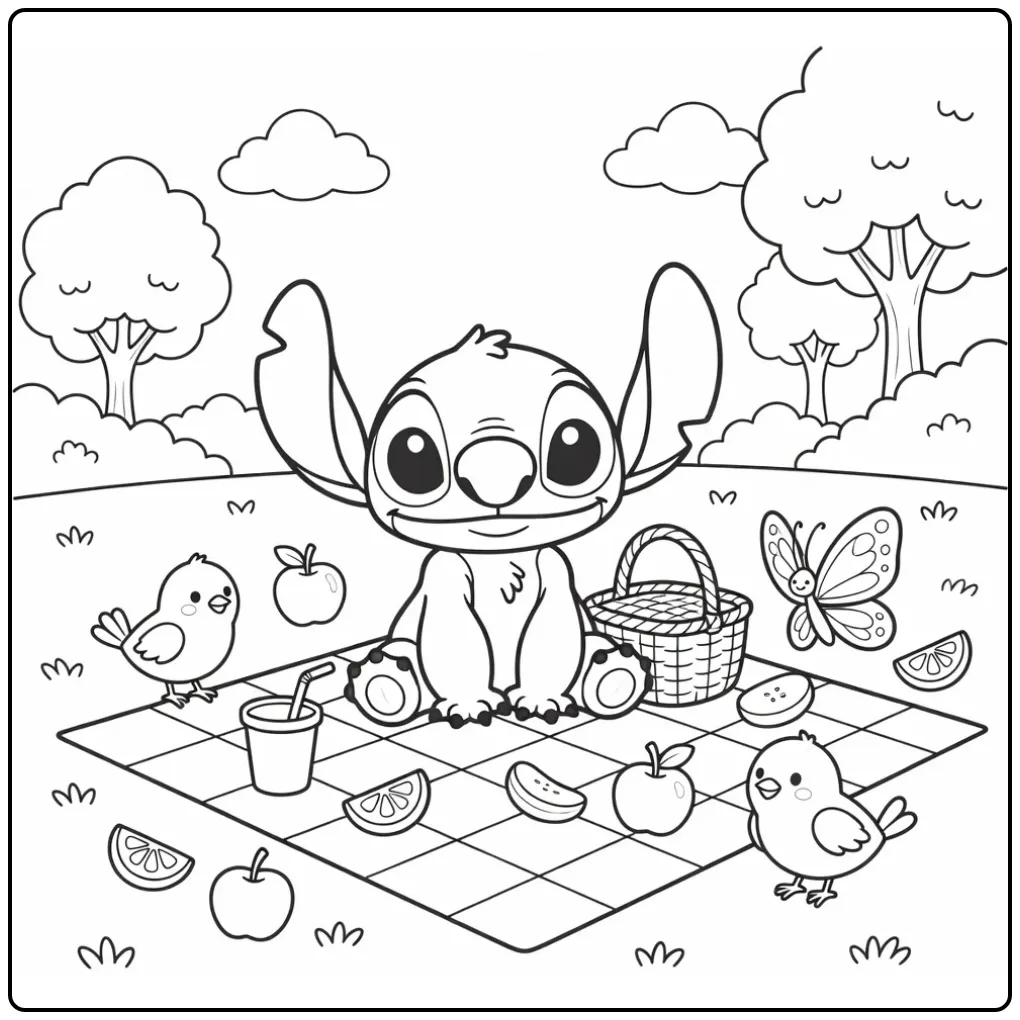 Lieve baby stitch kleurplaat tijdens een picknick in het park.
