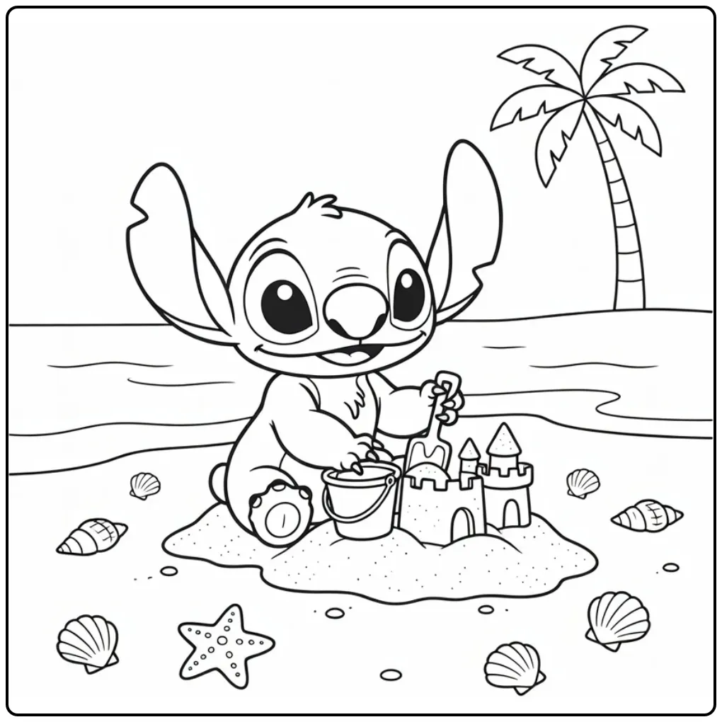 Schattige baby stitch kleurplaat bouwt zandkasteel op strand.