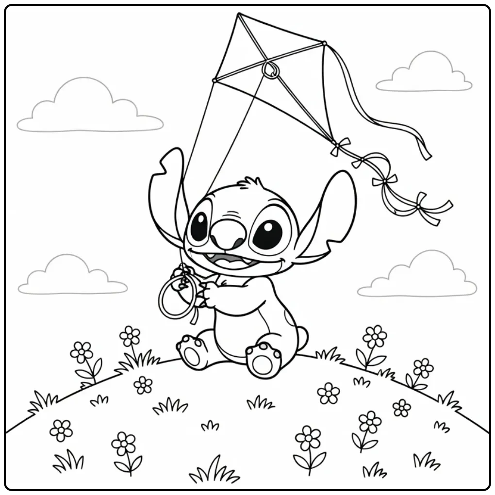 Schattige baby stitch kleurplaat met een vlieger op een heuvel.