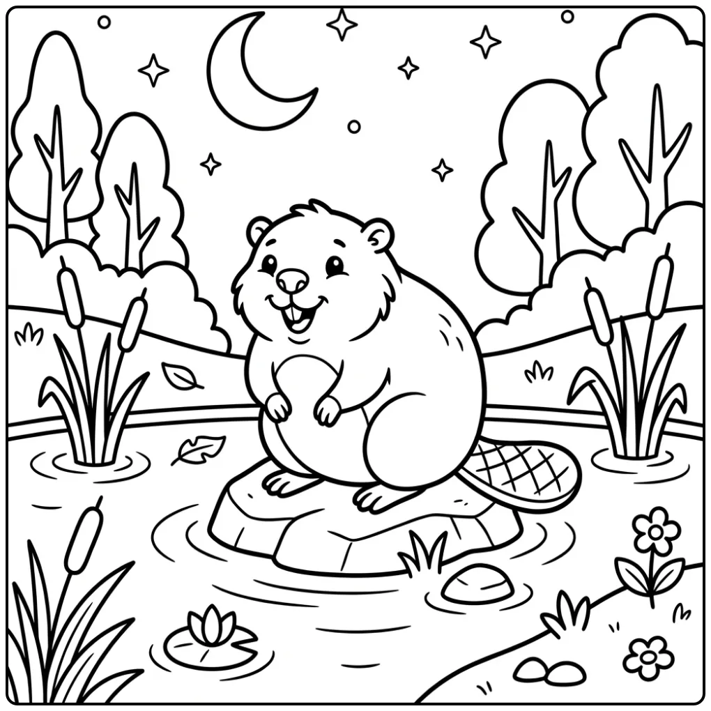 Een schattige bever kleurplaat met maan en sterren.