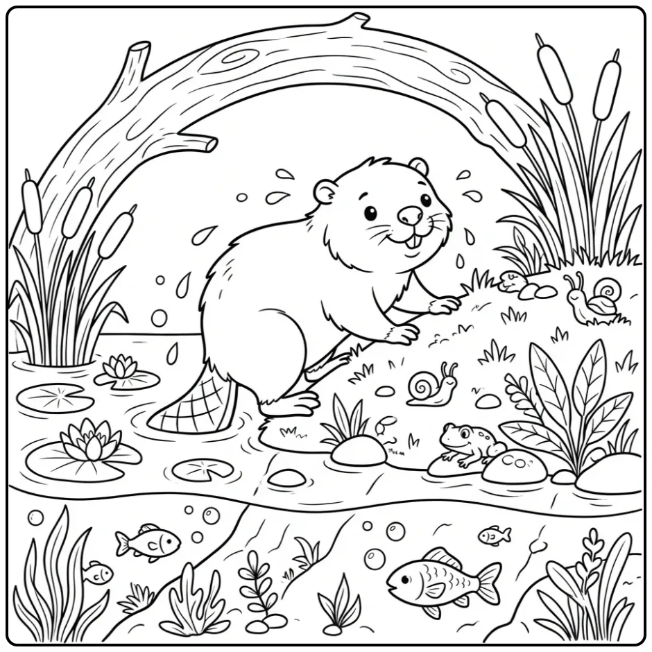 Een schattige bever kleurplaat die uit het water klimt.