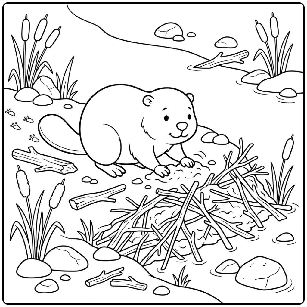 Schattige bever kleurplaat die aan een dam bouwt.