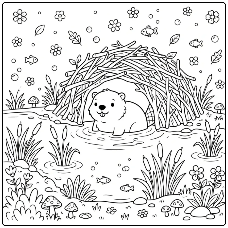 Schattige bever kleurplaat met burcht en waterplanten.
