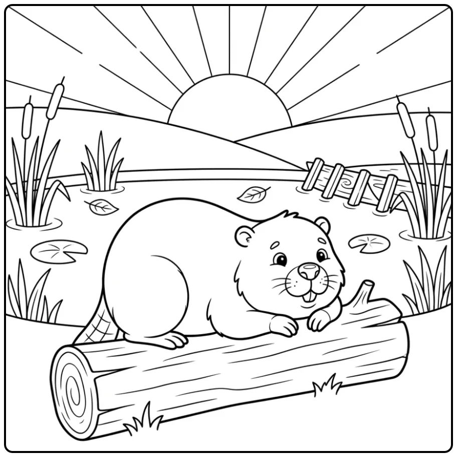 Bever kleurplaat van een rustende bever op een boomstam.