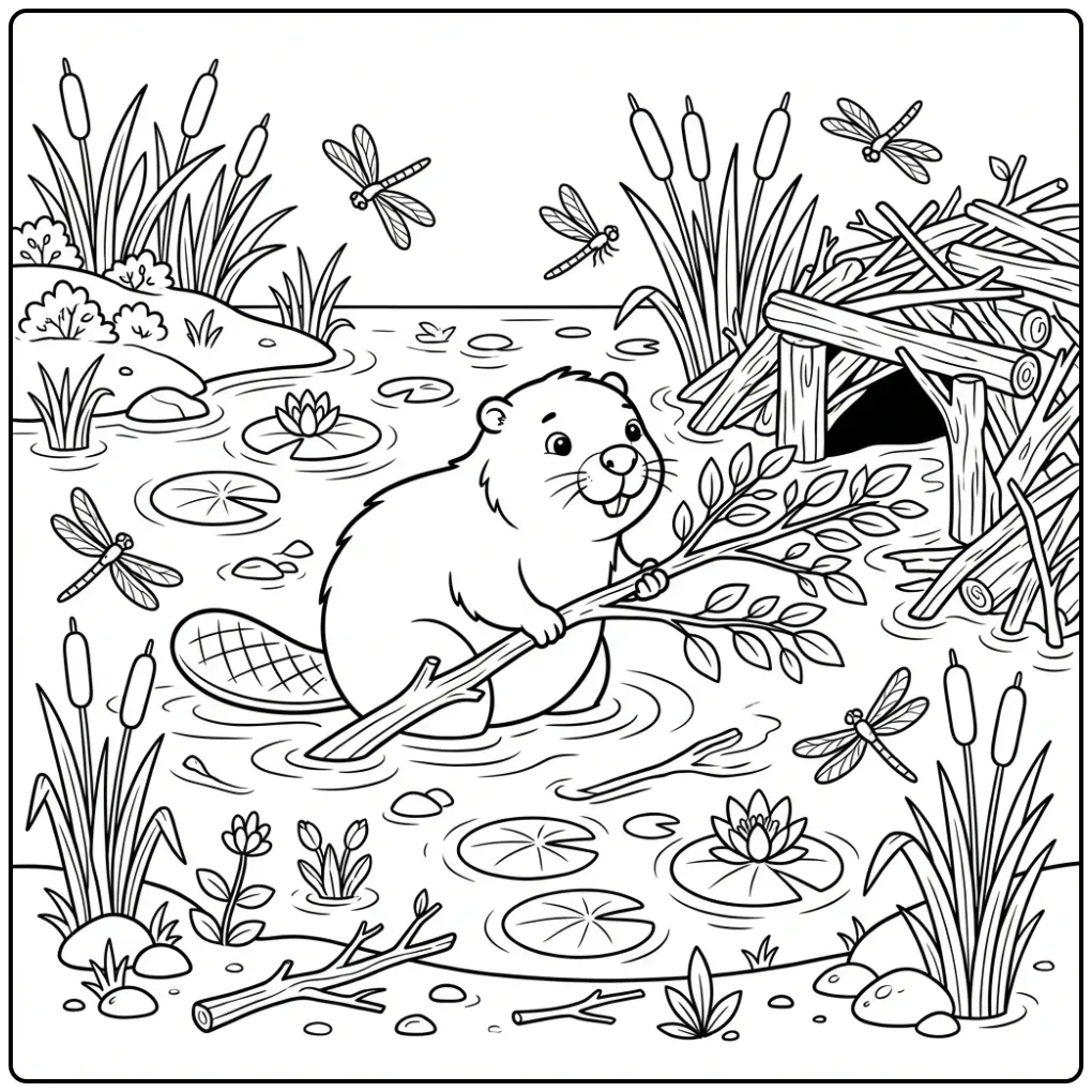 Schattige bever kleurplaat sleept tak door het water.
