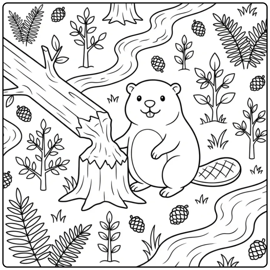 Schattige bever kleurplaat naast een omgeknaagde boomstam.