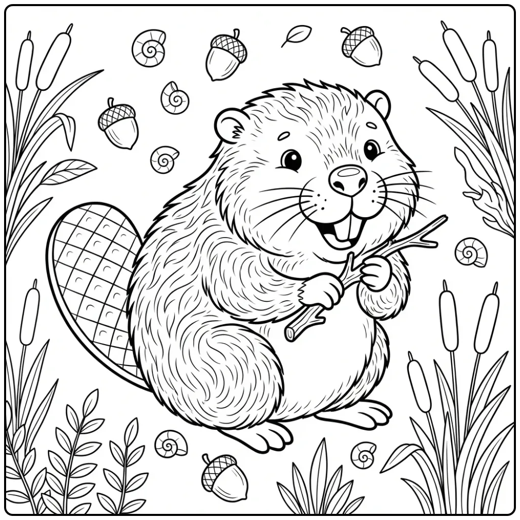 Een schattige bever kleurplaat met een takje in zijn poten.