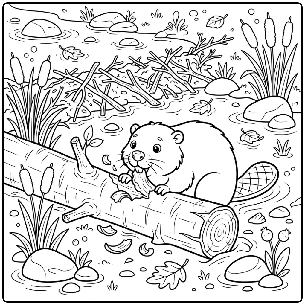 Leuke bever kleurplaat knagend aan een boomstam.