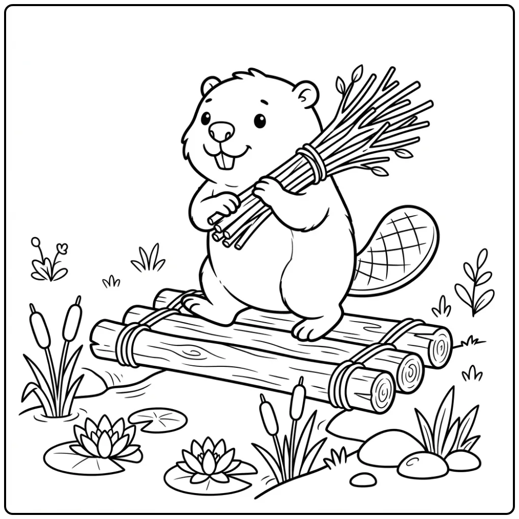 Schattige bever kleurplaat met takjes op een houten brug.