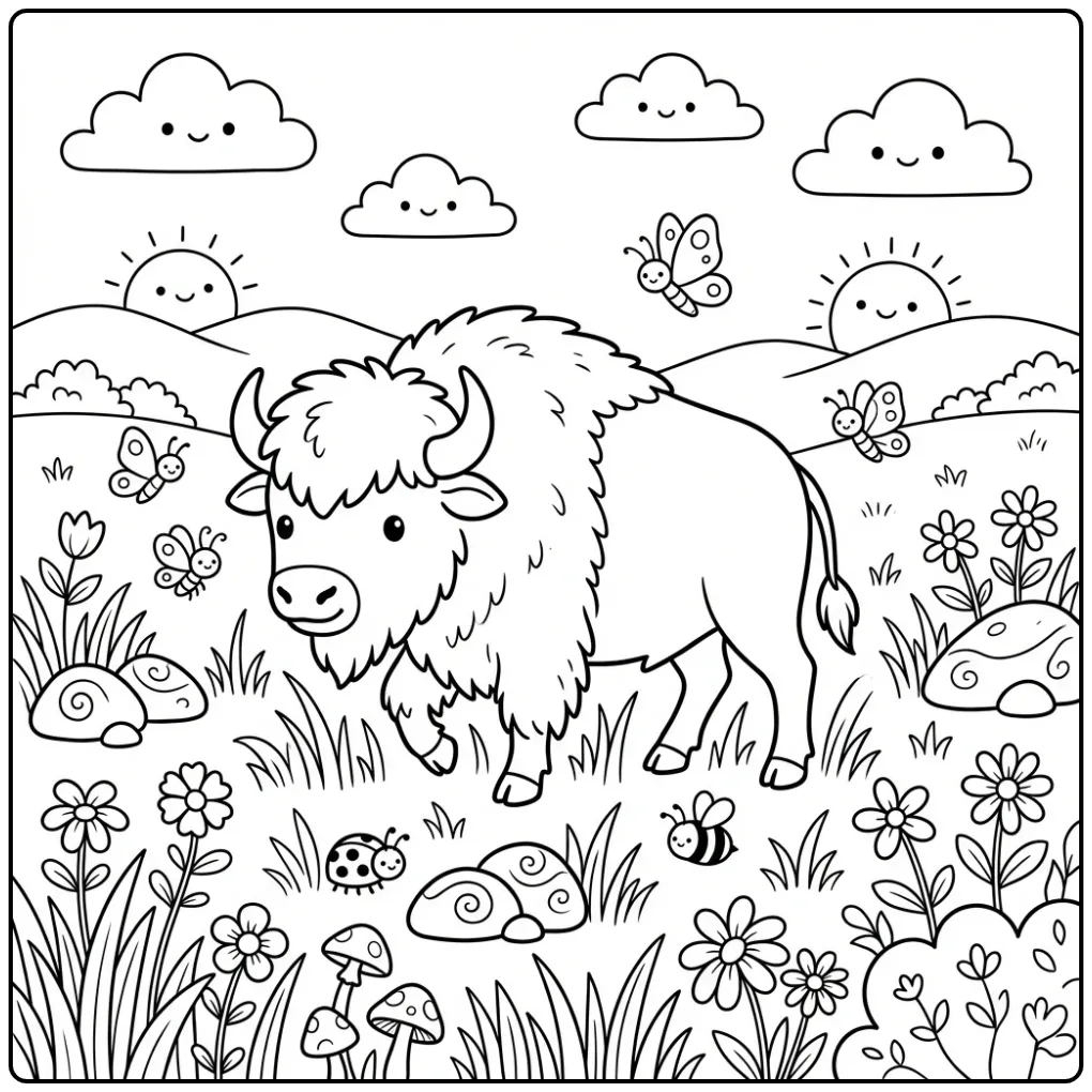 Schattige bizon kleurplaat wandelend door het gras.