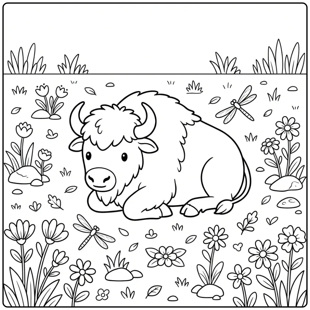 Schattige bizon kleurplaat rustend tussen de bloemen.