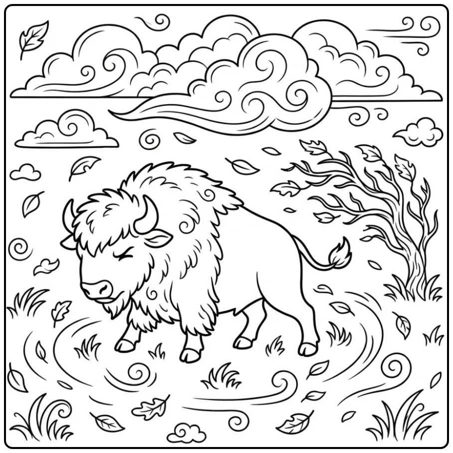 Schattige bizon kleurplaat in de wind met waaiende blaadjes.