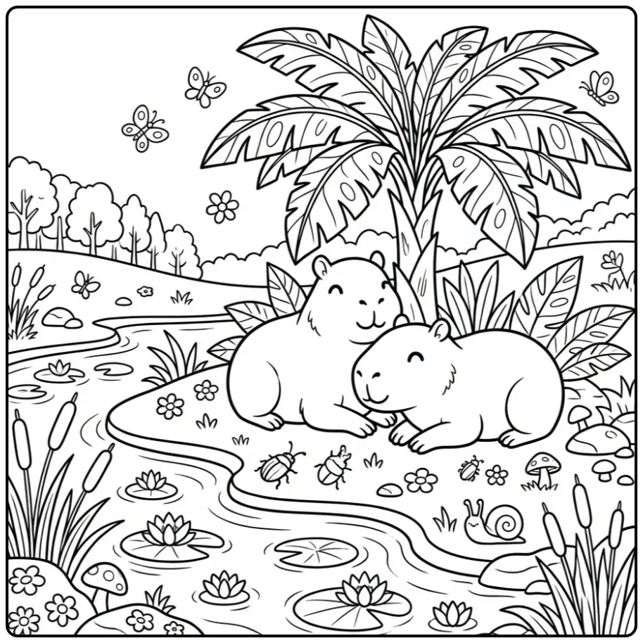 Schattige capybara kleurplaat cute met twee dieren onder een palm