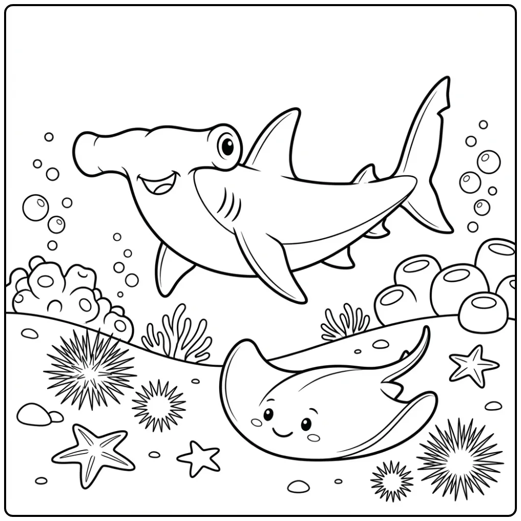 Hamerhaai kleurplaat met een rog en zeesterren op de bodem.
