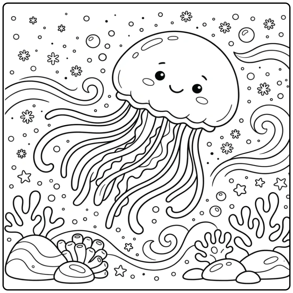 Een schattige kleurplaat kwal die zwemt tussen zeesneeuw.