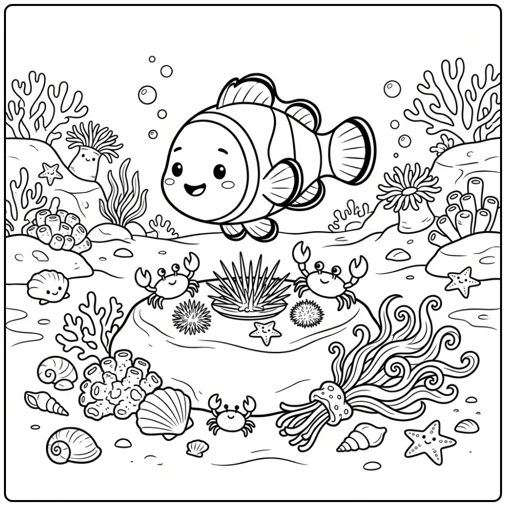 Schattige clownvis kleurplaat met schelpen en koraal.
