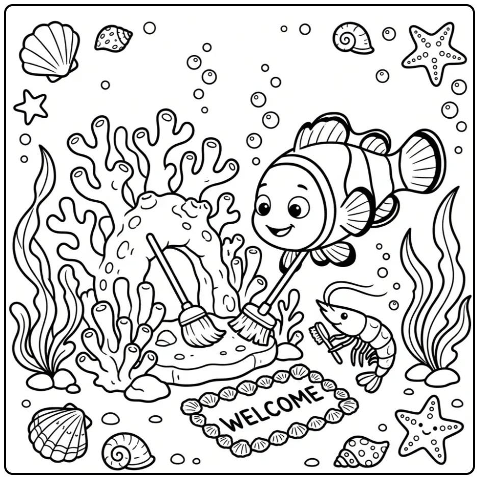 Leuke clownvis kleurplaat met een garnaal die koraal poetst.