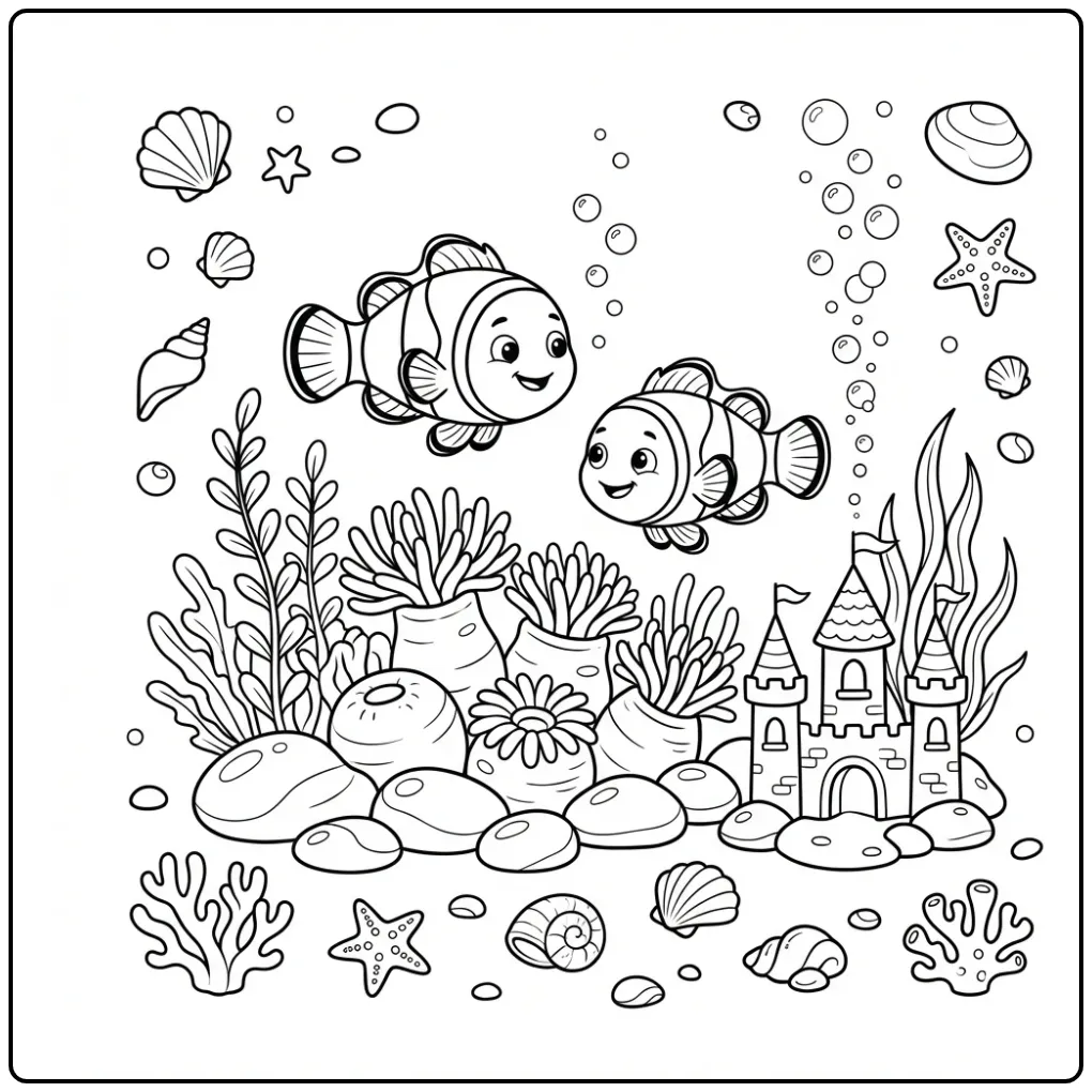 Schattige clownvis kleurplaat met kasteel en bubbels