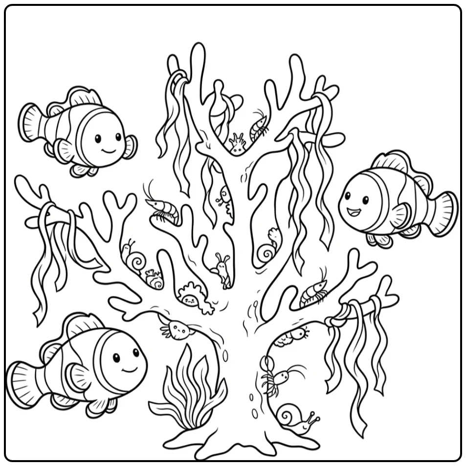 Een schattige clownvis kleurplaat met koraal en zeediertjes.