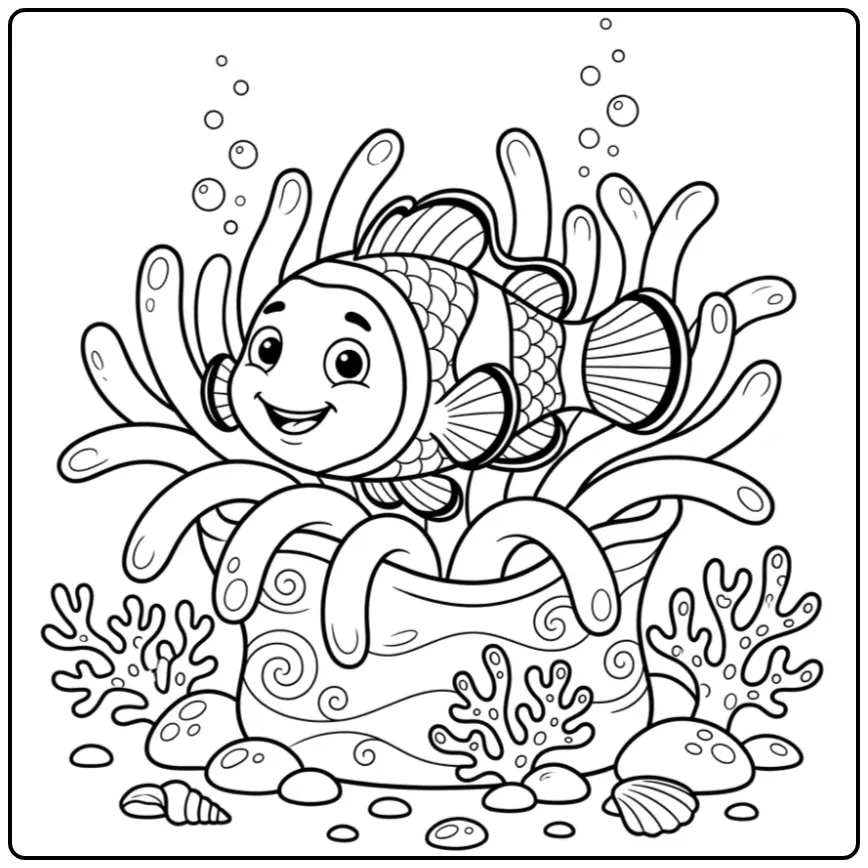 Schattige clownvis kleurplaat tussen de wuivende anemonen.