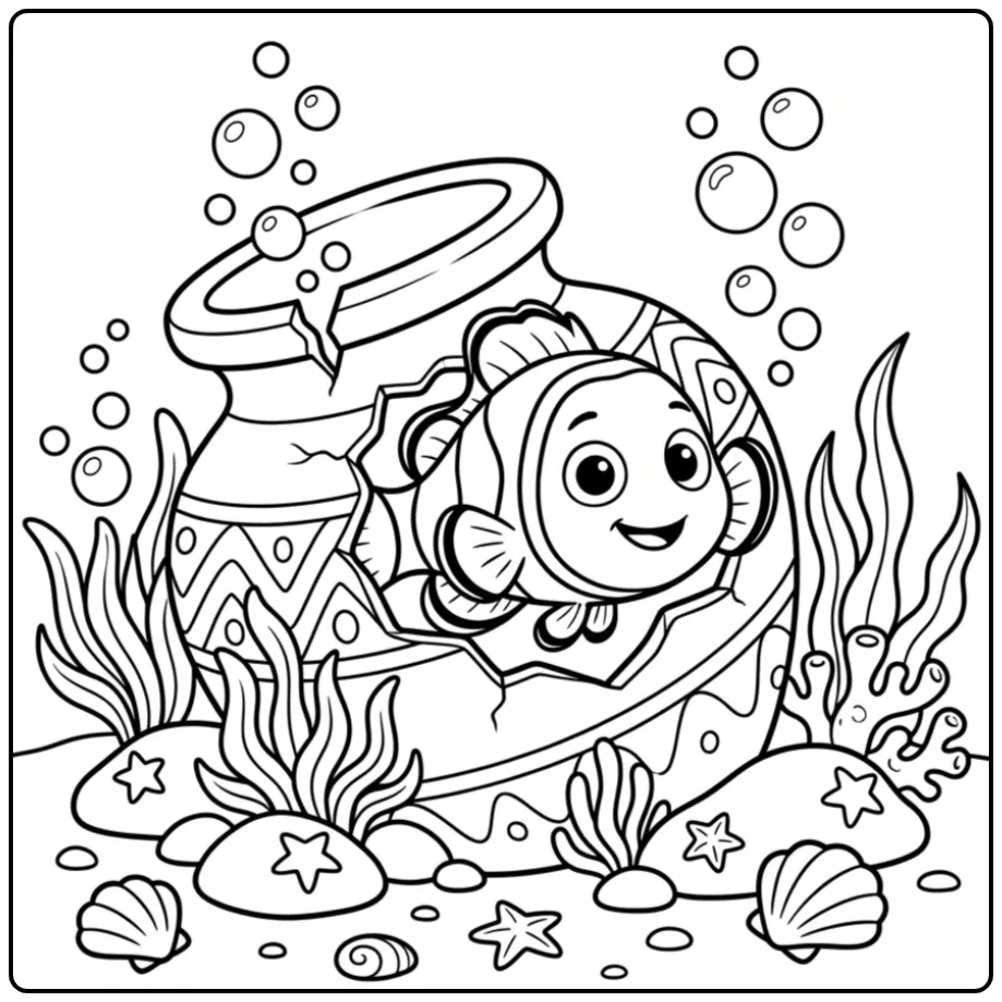 Leuke clownvis kleurplaat zwemmend bij een verzonken pot.
