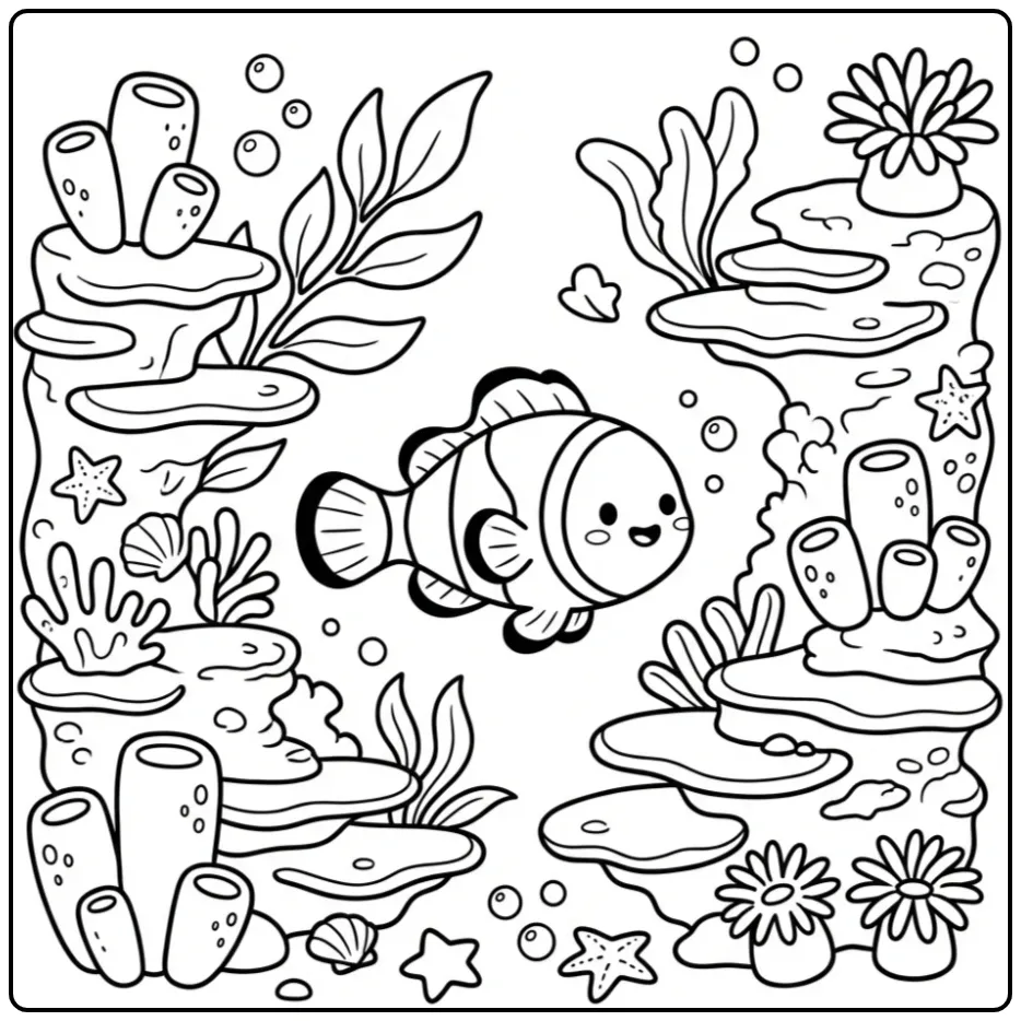 Schattige clownvis kleurplaat zwemmend langs een koraalrif.