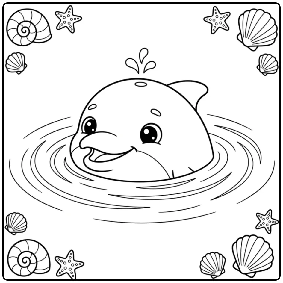 Schattige dolfijn kleurplaat makkelijk met schelpen en water