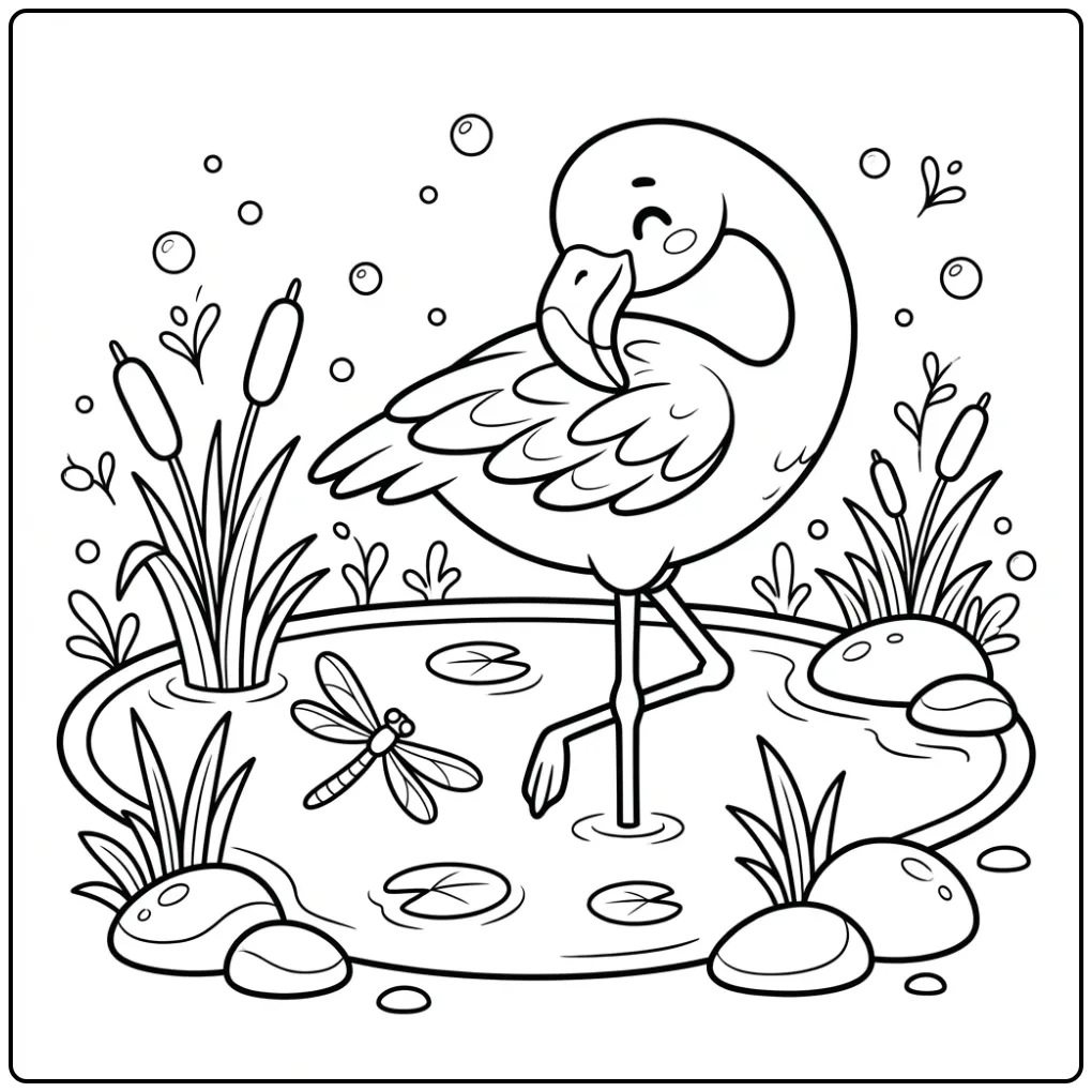 Schattige flamingo kleurplaat aan het water met riet.