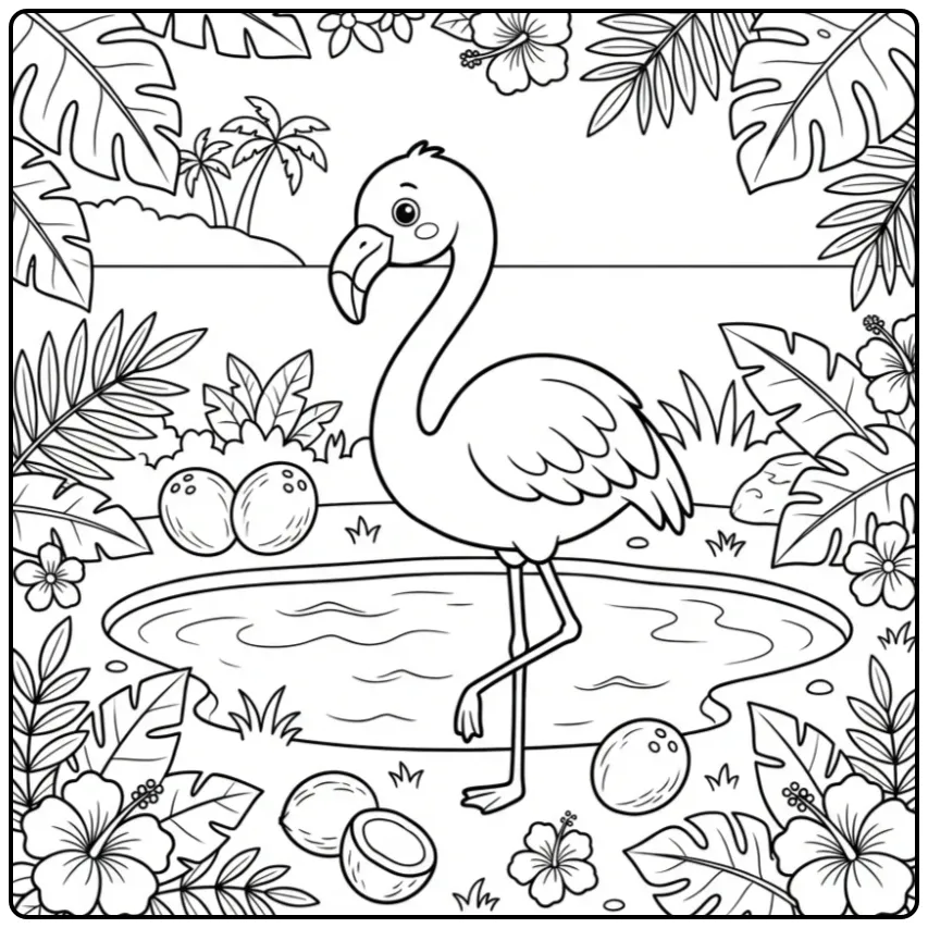 Een schattige flamingo kleurplaat met bloemen en kokosnoten.