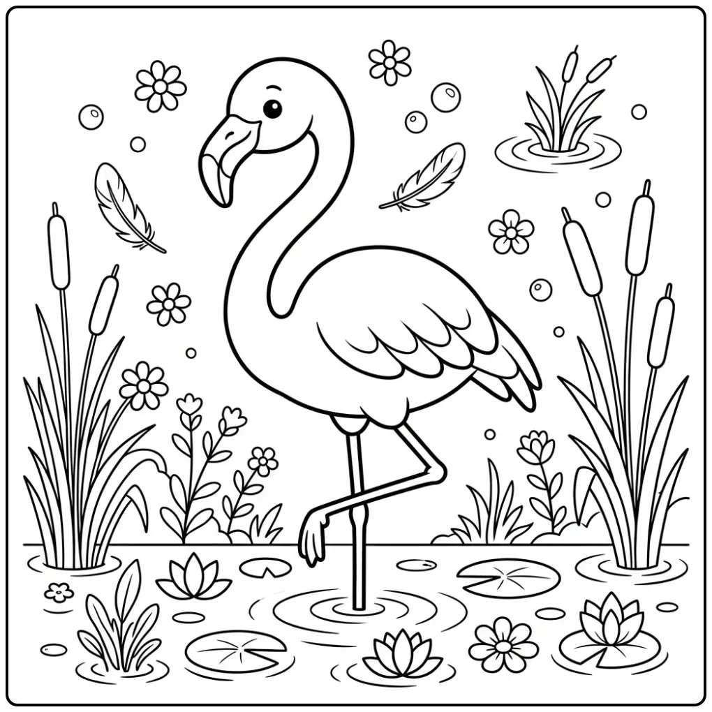 Een schattige flamingo kleurplaat met bloemen en veren.