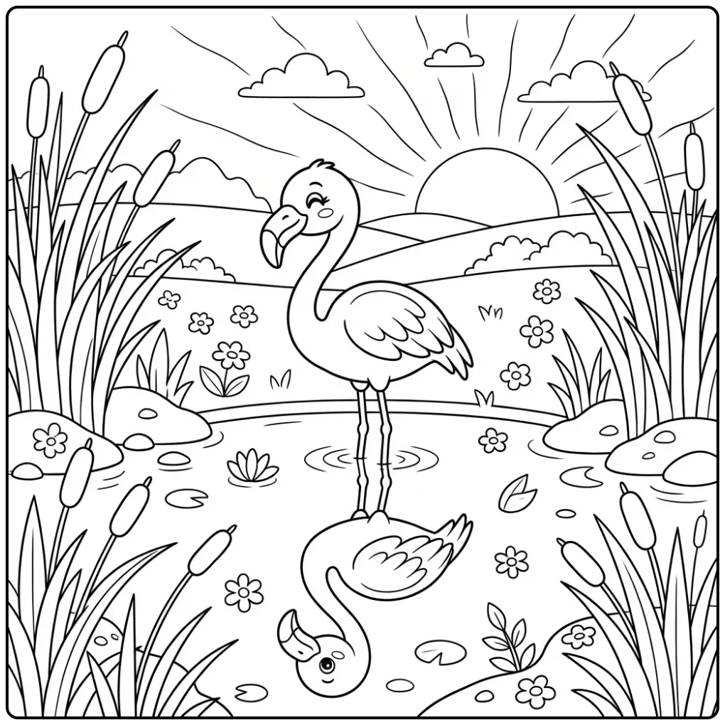 Schattige flamingo kleurplaat in het water bij zonsopgang.