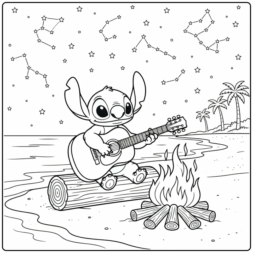 Leuke gitaar kleurplaat stitch gitaar bij een kampvuur.