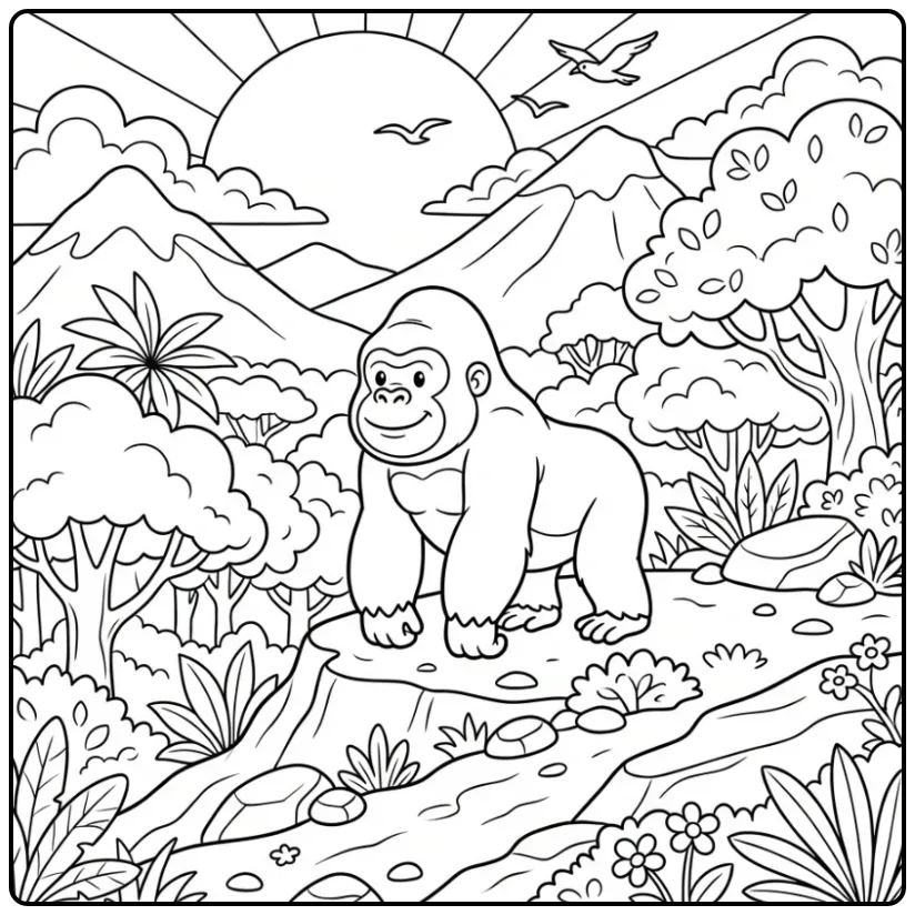 Schattige gorilla kleurplaat op een heuvel met jungle natuur.