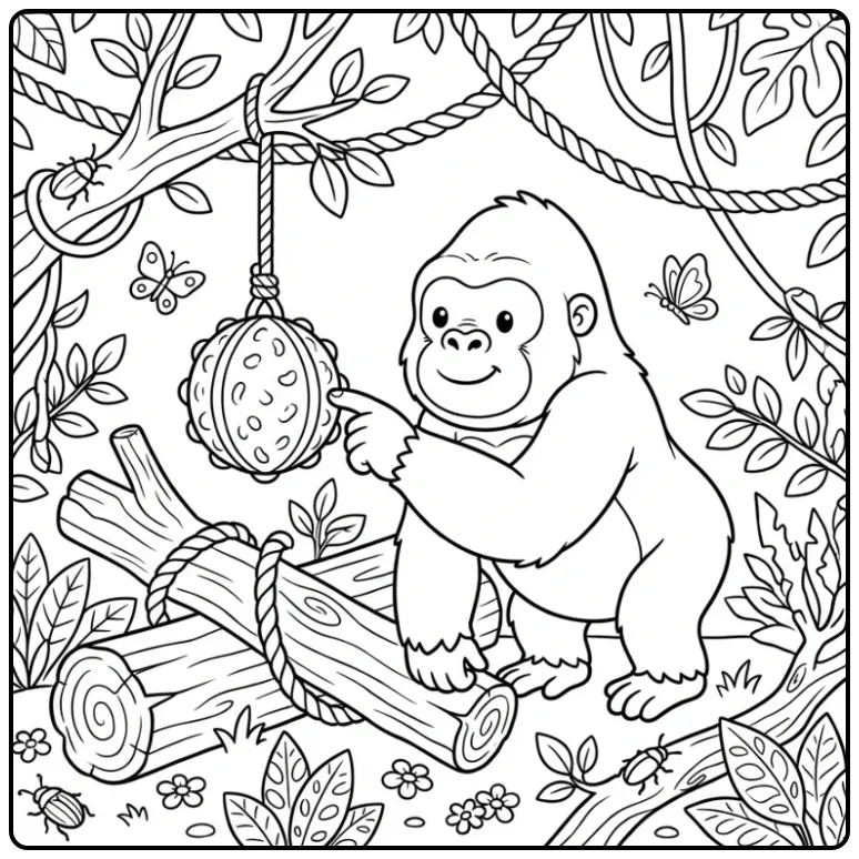 Schattige gorilla kleurplaat die speelt met een hangende bal.