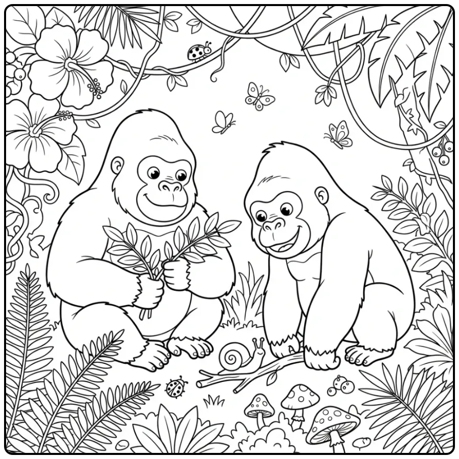 Schattige gorilla kleurplaat met twee vrienden in de jungle.