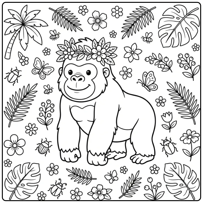 Lieve cartoon gorilla kleurplaat met jungle elementen.