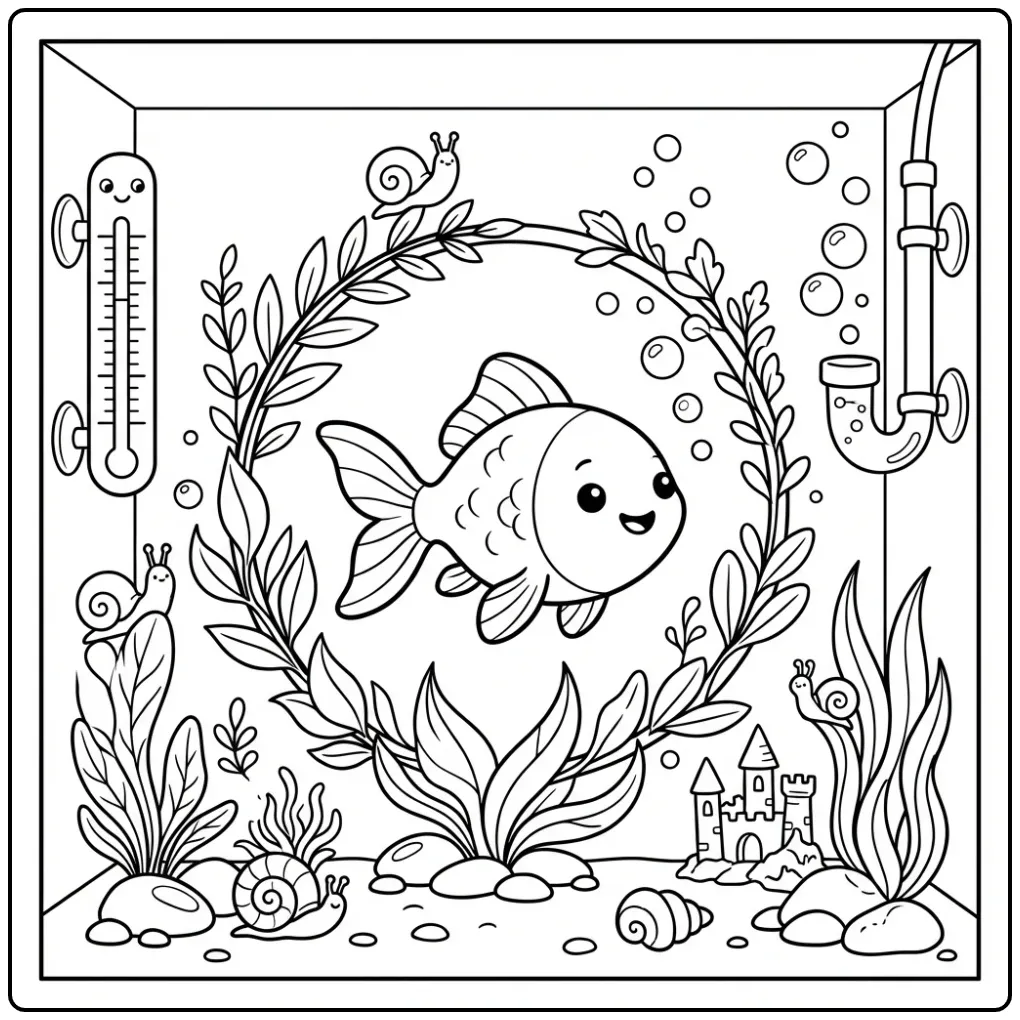 Leuke goudvis kleurplaat zwemmend door een ring van planten.